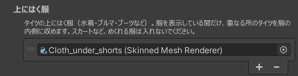 インスペクターの上にはく服の欄